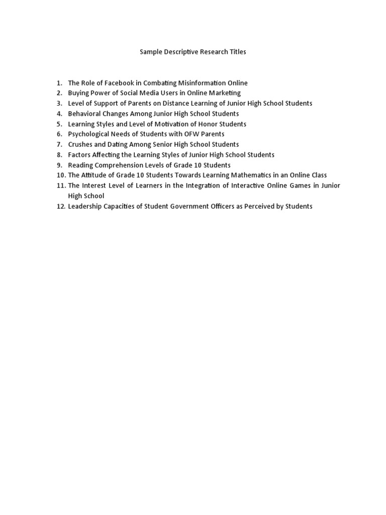 Sample Descriptive Research Title | PDF
