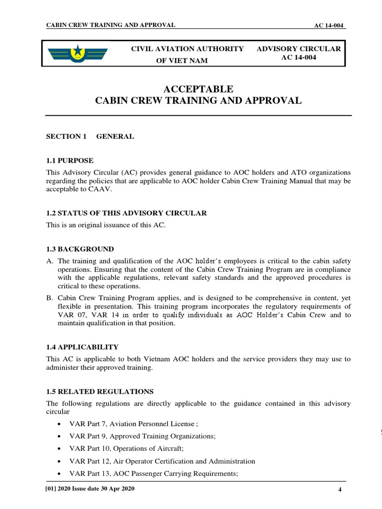 Cabin Crew Training Guidelines AC 14-004 | PDF | Flight Attendant ...