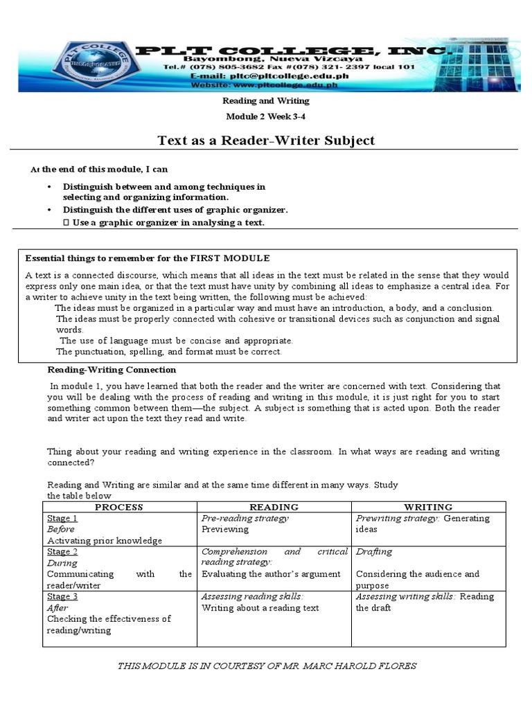 Text As A ReaderWriter Subject Reading and Writing Module 2 Week 34