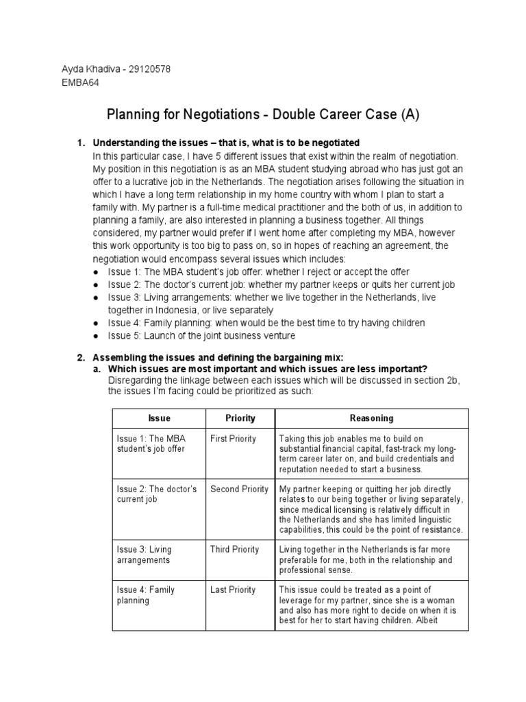 Planning For Negotiations - Double Career Case (A) | PDF | Negotiation ...