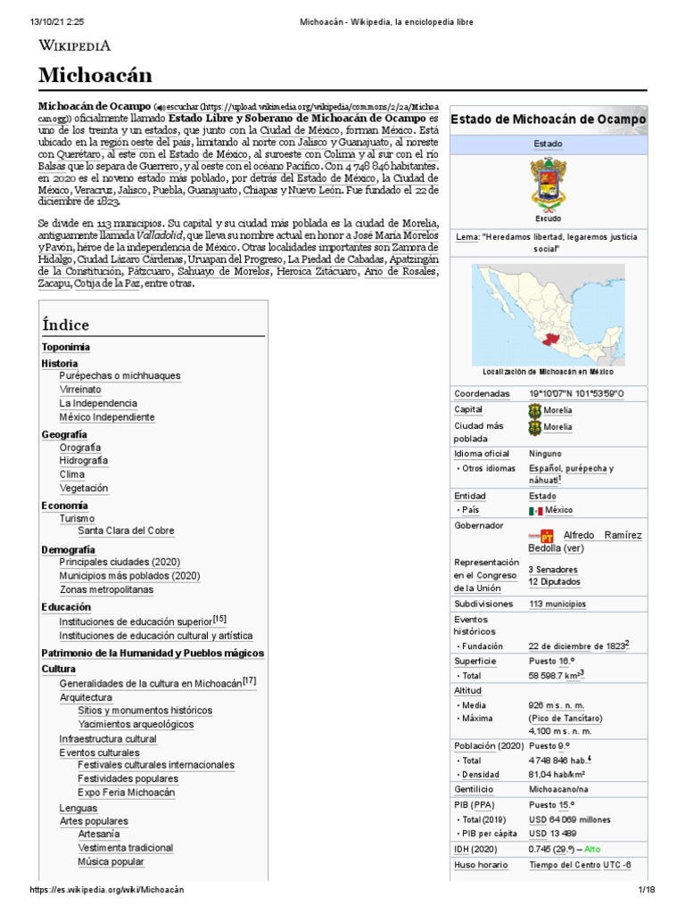 Michoacán - Wikipedia, La Enciclopedia Libre | PDF