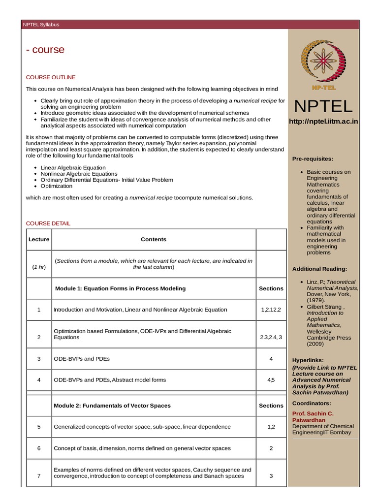 Nptel Course PDF Numerical Analysis Equations