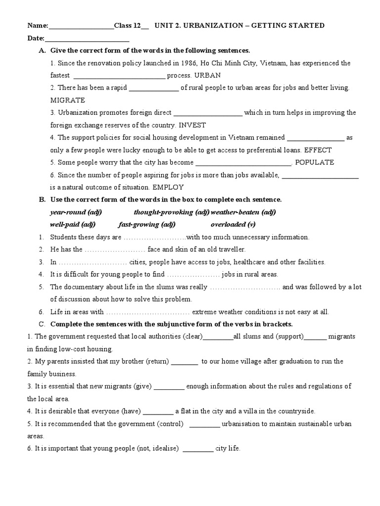 Name: - Class 12 - UNIT 2. URBANIZATION - GETTING STARTED Date: - A ...