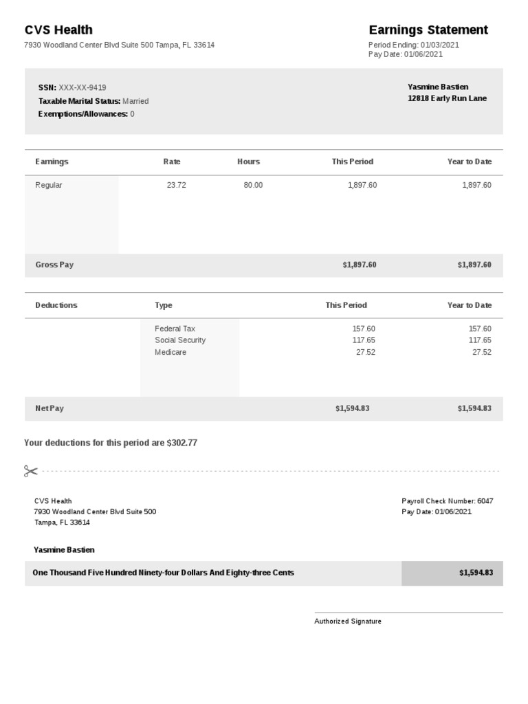 CVS Health Earnings Statement SSN Taxable Marital Status Exemptions