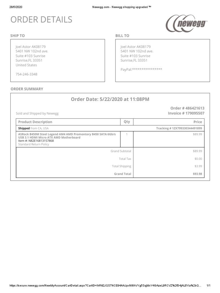 Newegg Order Invoice for Motherboard | PDF