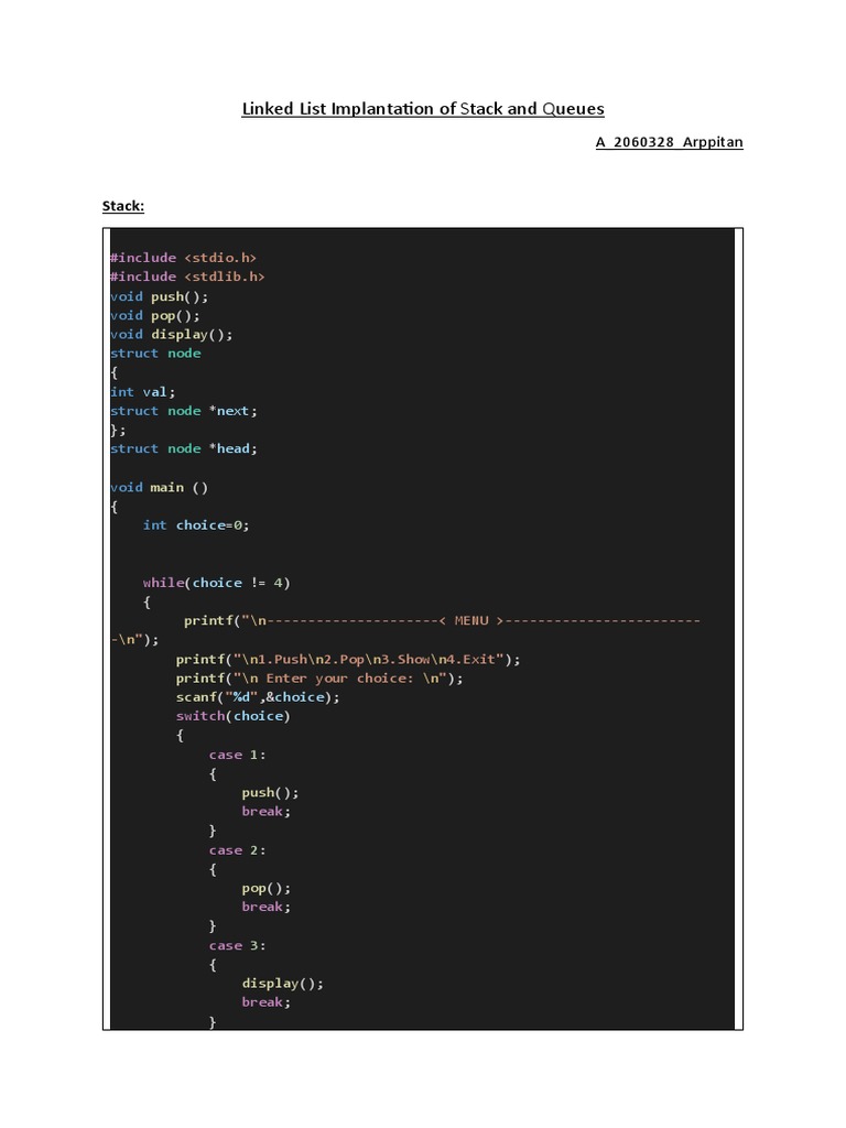 Linked List Implementation of Stack & Queue | PDF | Computer Data ...