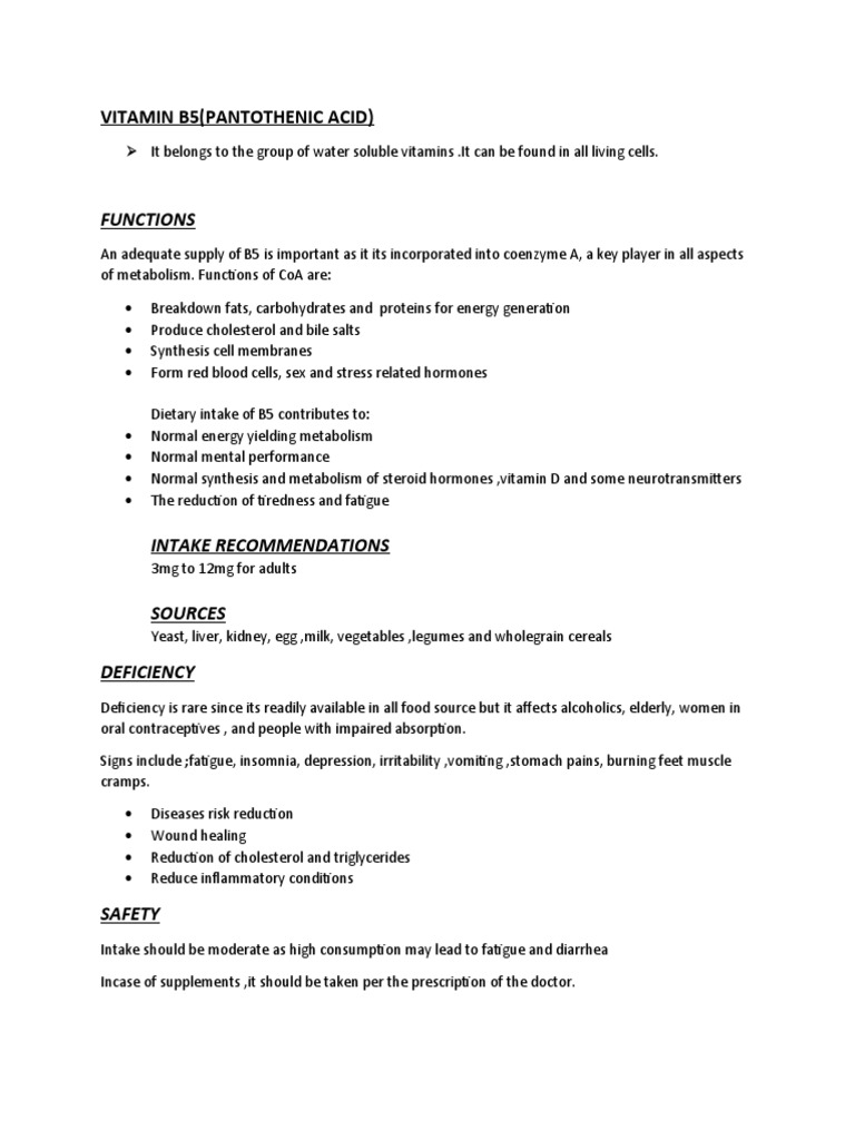 Functions Vitamin B5 (Pantothenic Acid) PDF