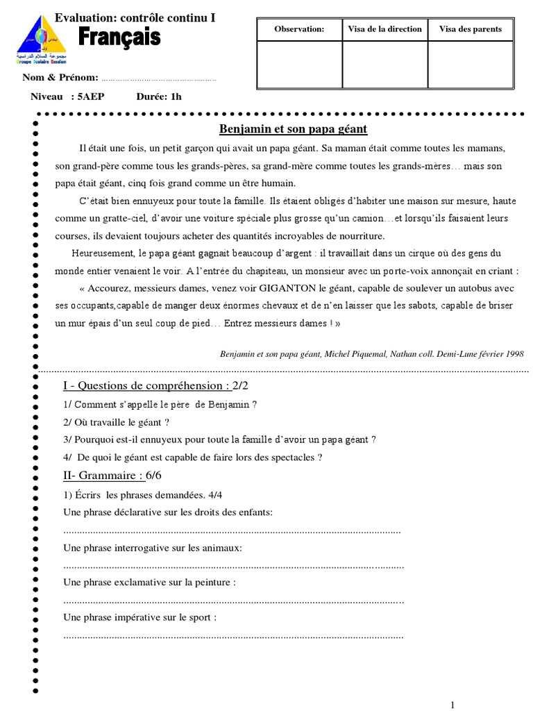 Devoir Commun Français 5ème Pdf Avec Correction