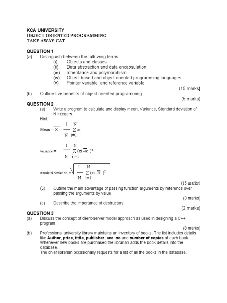 Kca University Object Oriented Programming Take Away Cat: Variance ...