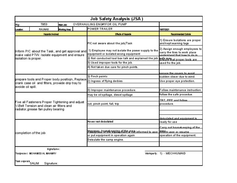 JSA for Oil Pump Overhauling Safety | PDF | Occupational Safety And ...