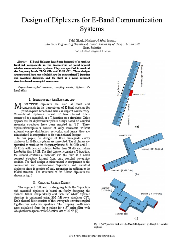 Design of Diplexers For EBand Communication Systems PDF Microwave