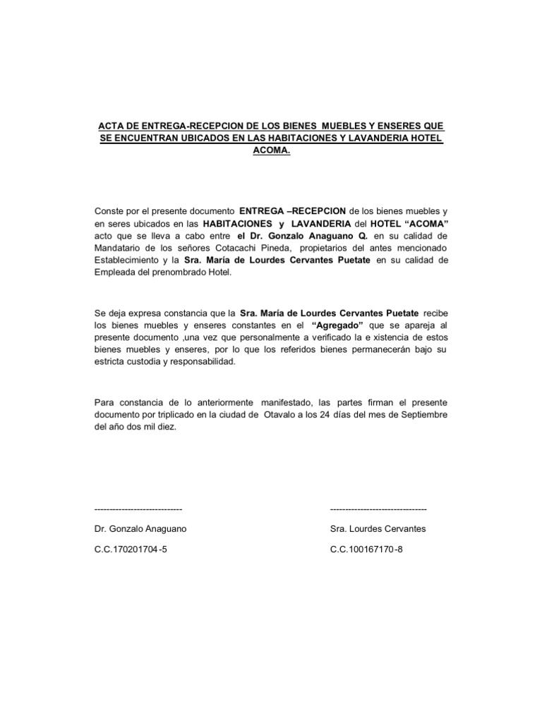 Modelo de acta de entrega de bienes muebles