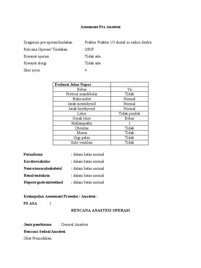 Pra Anestesi Fraktur Radius Dextra | PDF