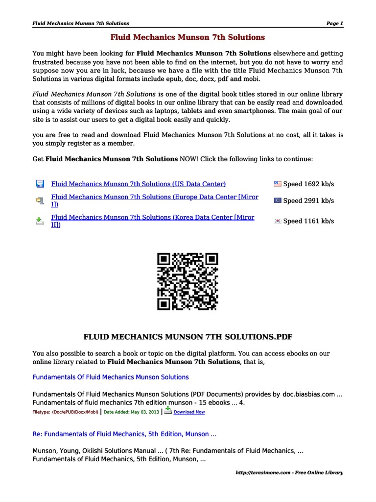 Fluid Mechanics Munson 7th Solutions Descargar gratis PDF E Books