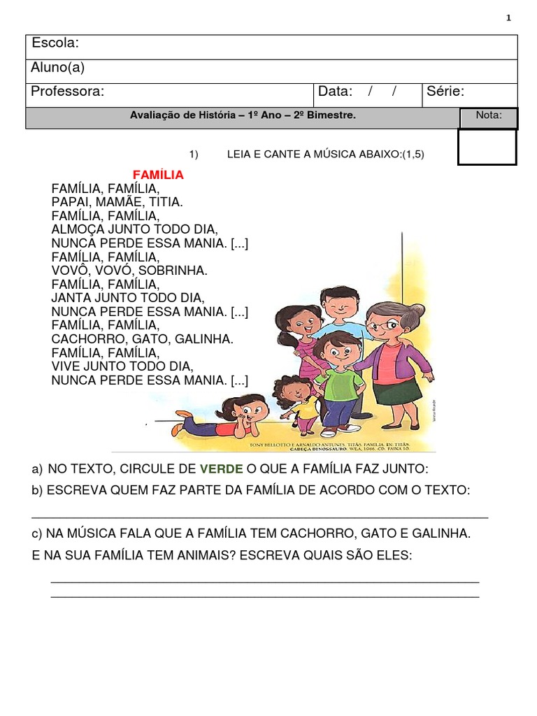 Avaliação de História: Família 1º Ano | PDF | Família