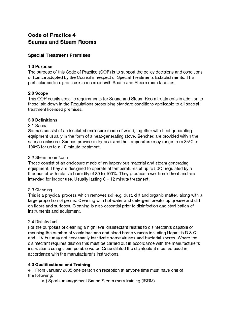 Code of Practice 4 Sauna and Steam Rooms PDF Disinfectant Medical