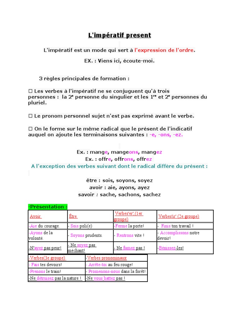 Impératif Des Verbes Du 1er Groupe Fiche Imperatif Present | PDF | Verbe | Nombre grammatical