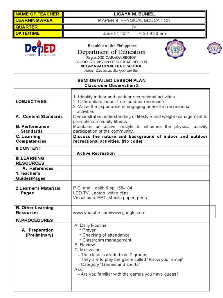 Lesson Plan MAPEH 9 PE | PDF | Physical Education | Lesson Plan