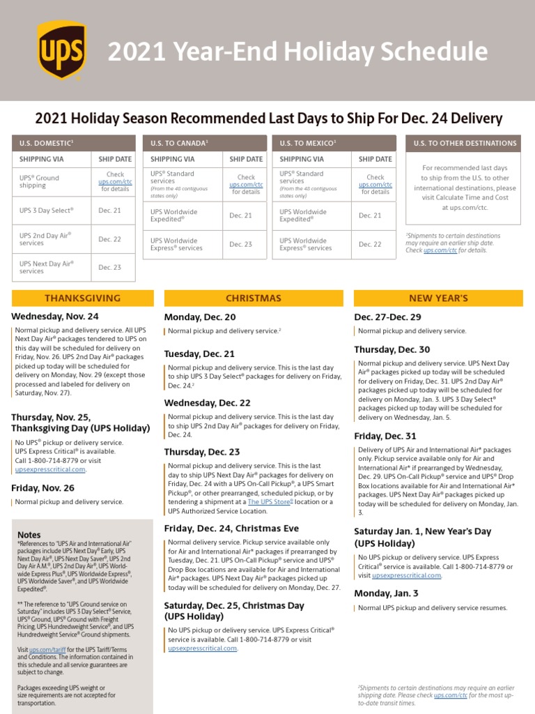 UPS' US Days of Operation Schedule PDF United Parcel Service Cargo