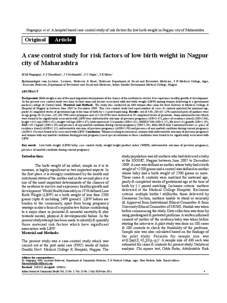 A Case Control Study of Risk Factors For Low Birth Weight in Nagpur ...