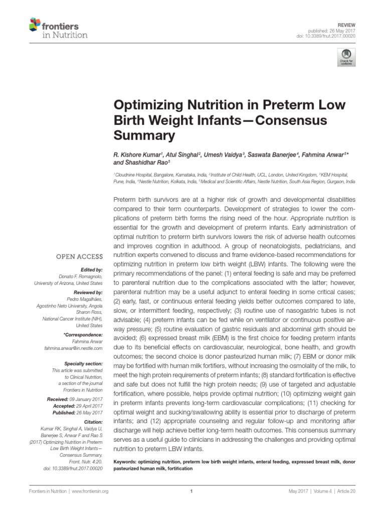 Optimizing Nutrition in Preterm Low Birth Weight Infants | PDF ...