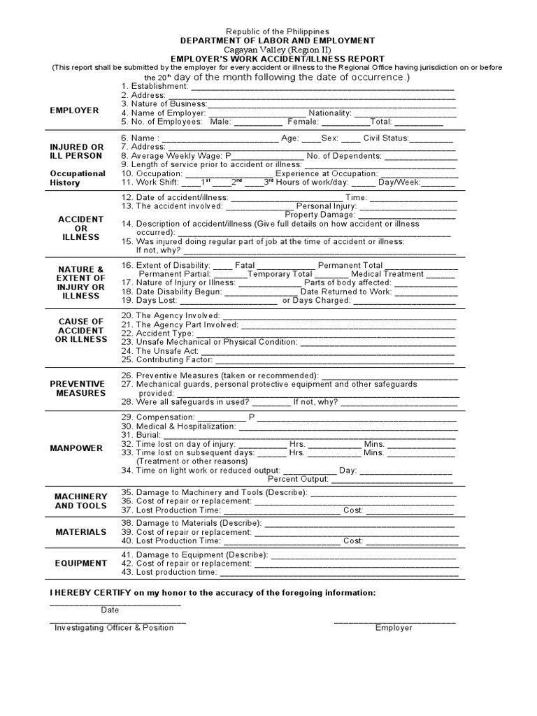DOLE Work Accident Report Form | PDF | Employment | Labor