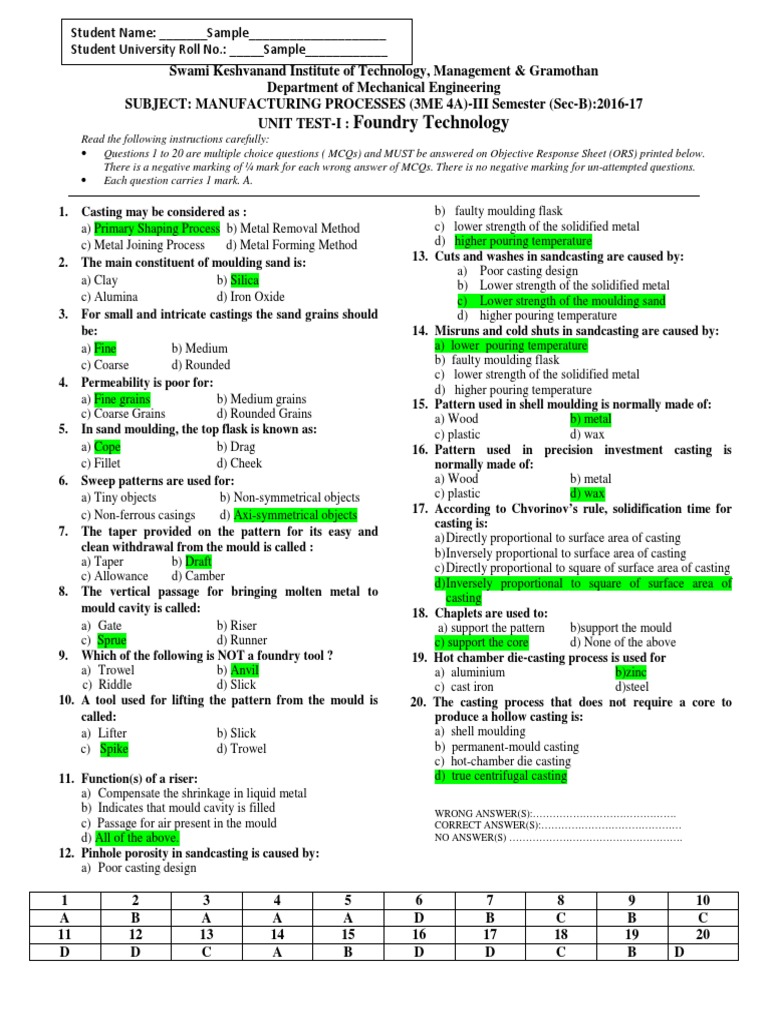 Manufacturing Processes UNIT Test-I - Series A With Solutions | PDF ...