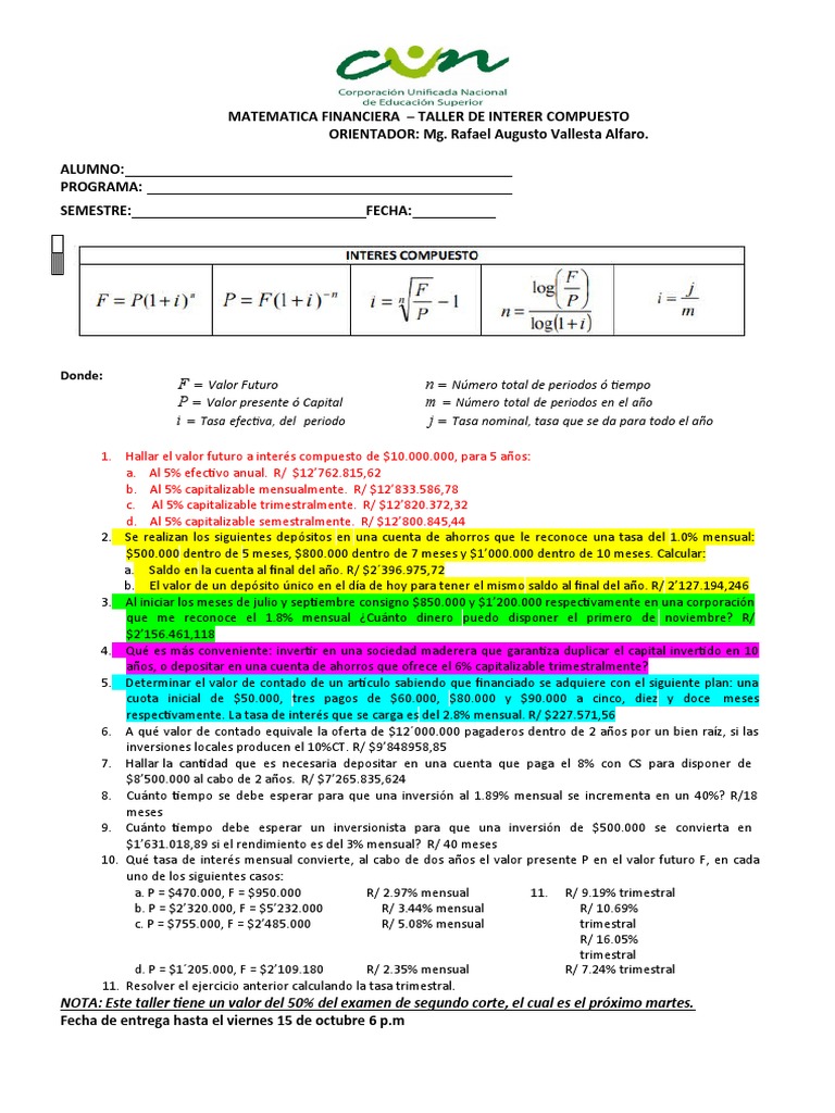 Taller de Segundo Corte de Math Financiera | PDF | Finanzas Matemáticas ...