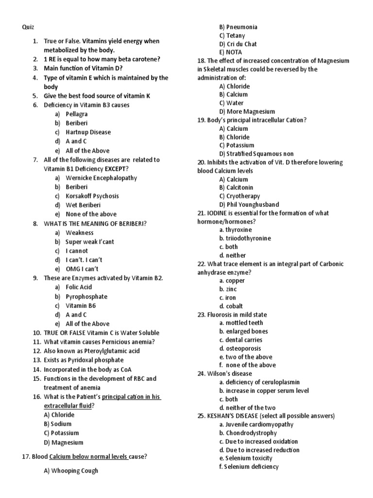 Vitamins and minerals quiz PDF Vitamin Calcium
