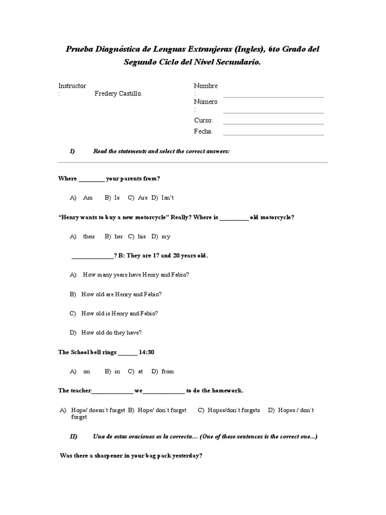 Prueba de Inglés 6to Grado Secundaria | PDF