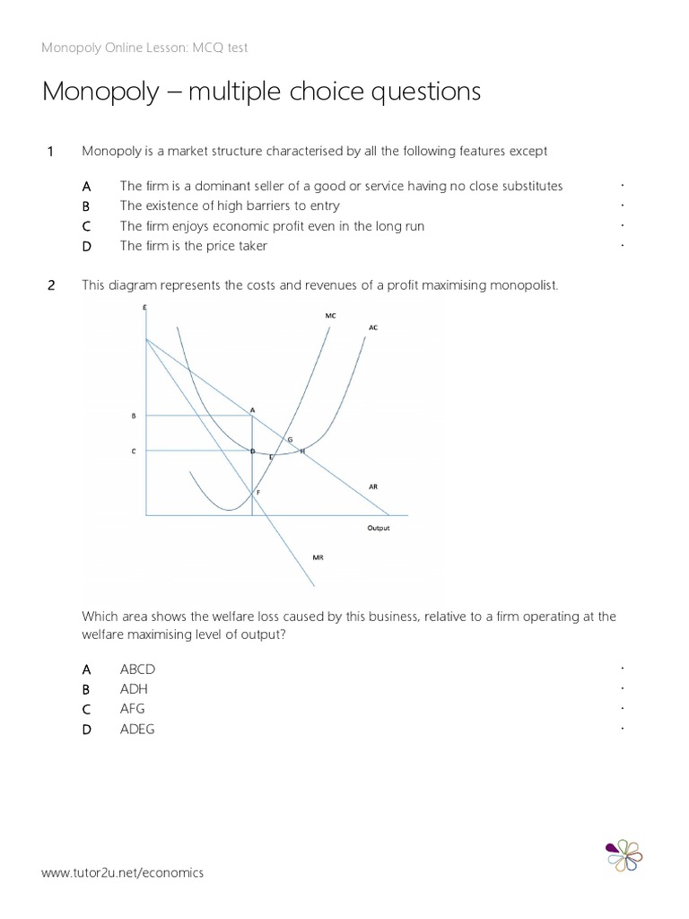 Monopoly MCQs PDF Monopoly Profit (Economics)
