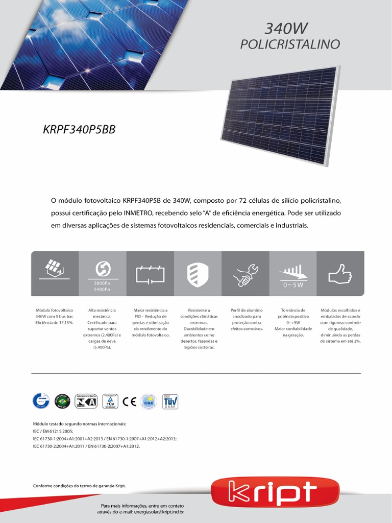 Datasheet Placa Solar KRPF340P5B | PDF | Força | Engenharia Elétrica