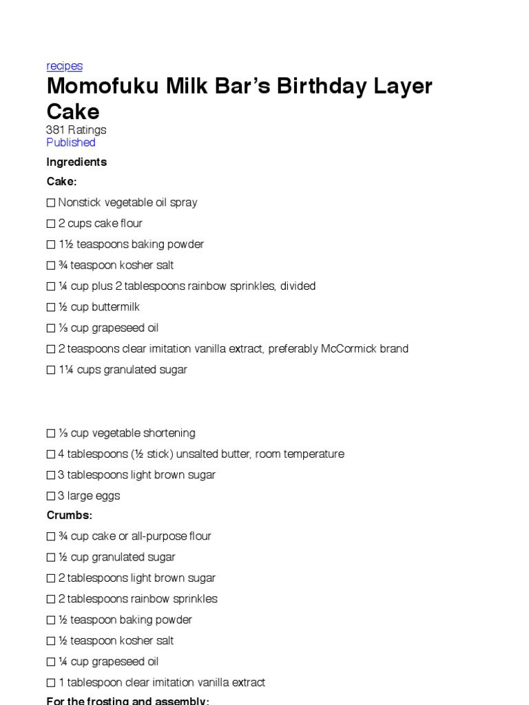 Momofuku Milk Bar Birthday Cake Recipe | PDF | Cakes | Baking