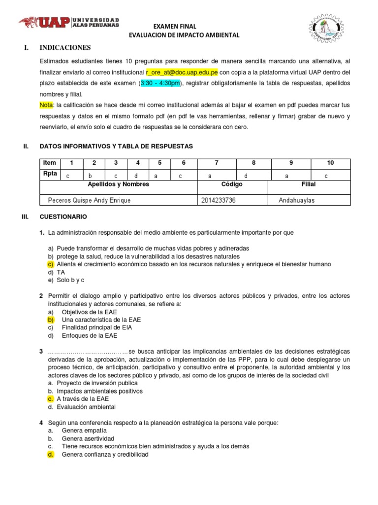 Examen Final de Evaluacion de Impacto Ambiental | PDF | Evaluación ...