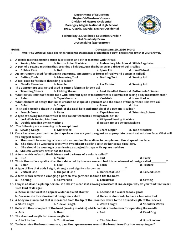 TLE 7 Dressmaking Teacher Made Exam PDF Sewing Sewing Machine