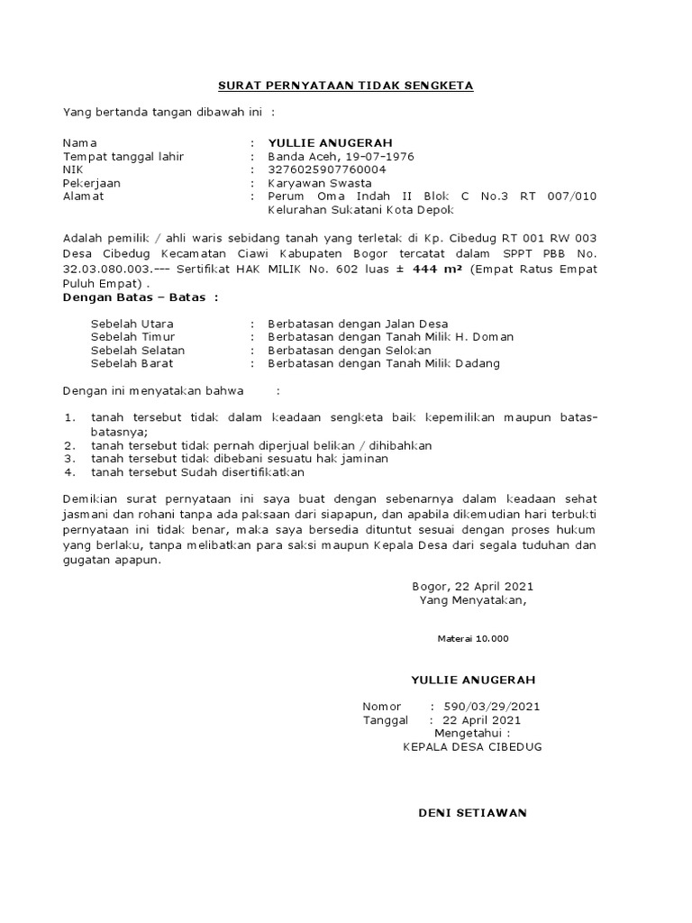 Surat Pernyataan Tidak Sengketa | PDF