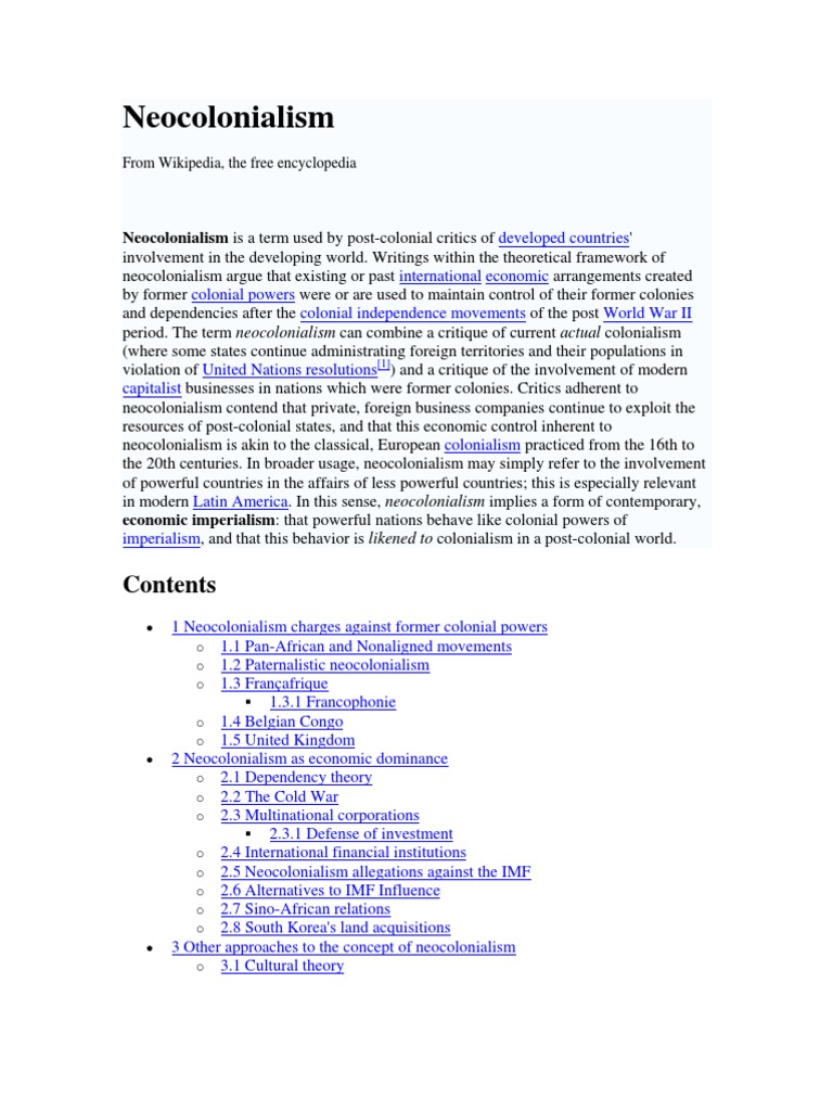 Neocolonialism Neocolonialism Is A Term Used By Post Colonial Critics