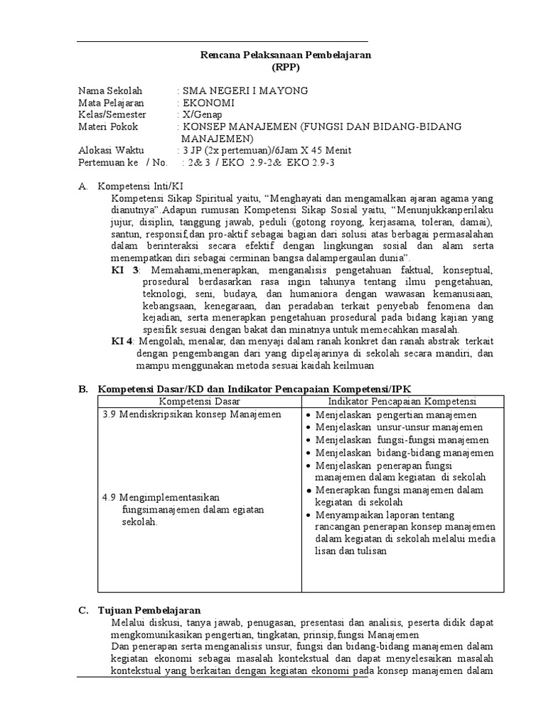 RPP Ekonomi: Konsep Manajemen Kelas X | PDF