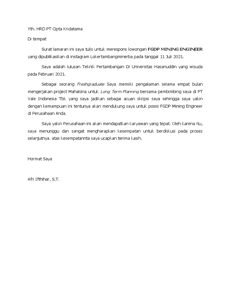Contoh Cover Letter FGDP Mining Engineer | PDF | Karier & Perkembangan ...