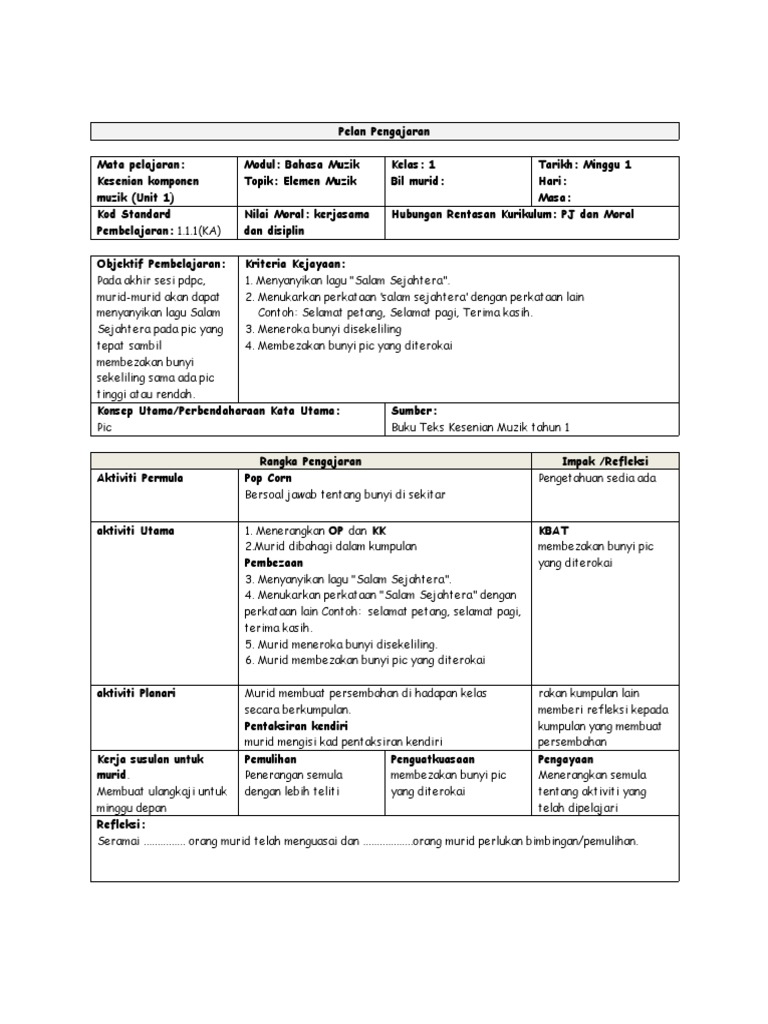 Rph Muzik Tahun 1 2021 Lengkap Pdf