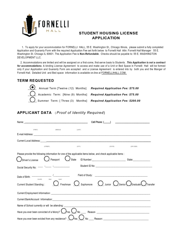 Fornelli Hall Student Housing Application | PDF | Guarantee | License