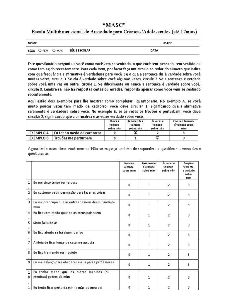 Masc - Escala Ansiedade Infantil | PDF
