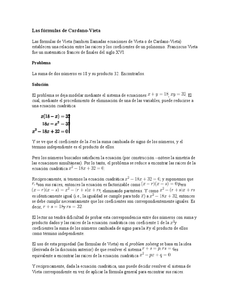 Fórmulas de Cardano-Vieta en Polinomios | PDF | Ecuaciones | Ecuación  cuadrática