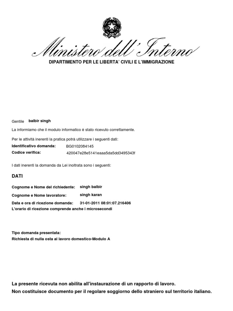 Ricevuta Domanda BG0102084145 PDF