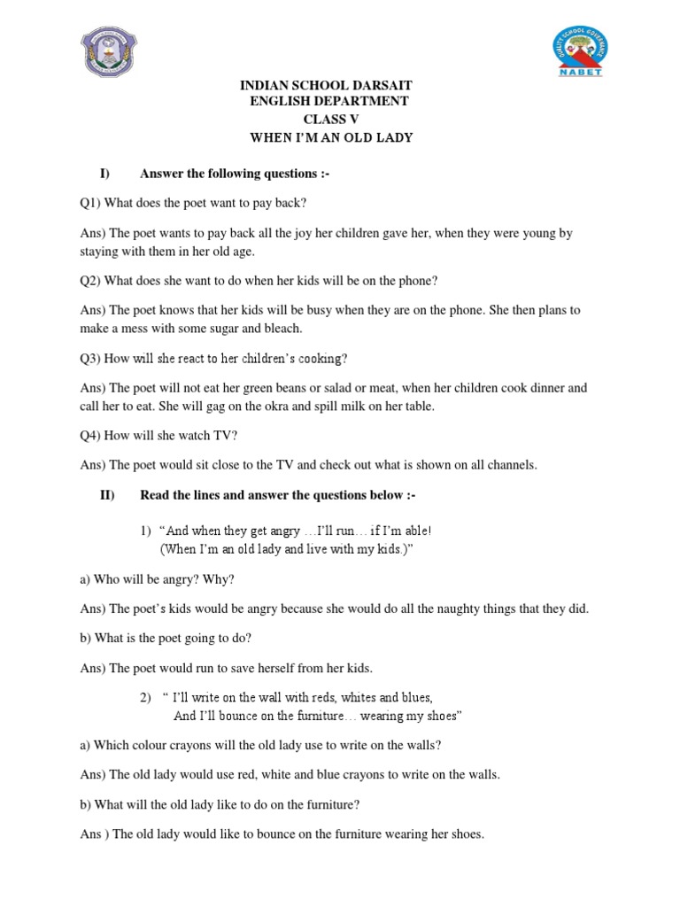 When I'm an Old Lady: Class V Questions | PDF | Language Arts & Discipline