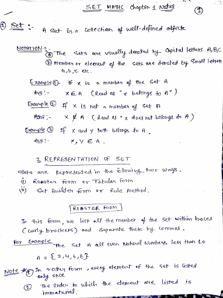 Set Class 11 Maths Chapter 1 Notes PDF Mathematics Infinity
