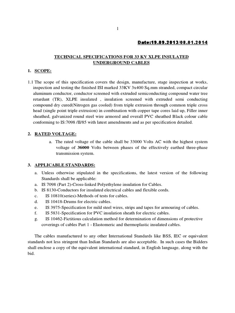 Technical Specifications For 33 KV Xlpe Insulated Underground Cables 1 ...