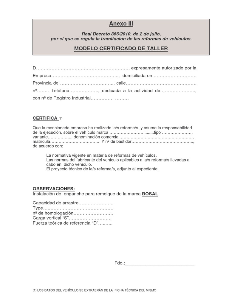 Anexo III - Cert Taller Tipo 2 | PDF