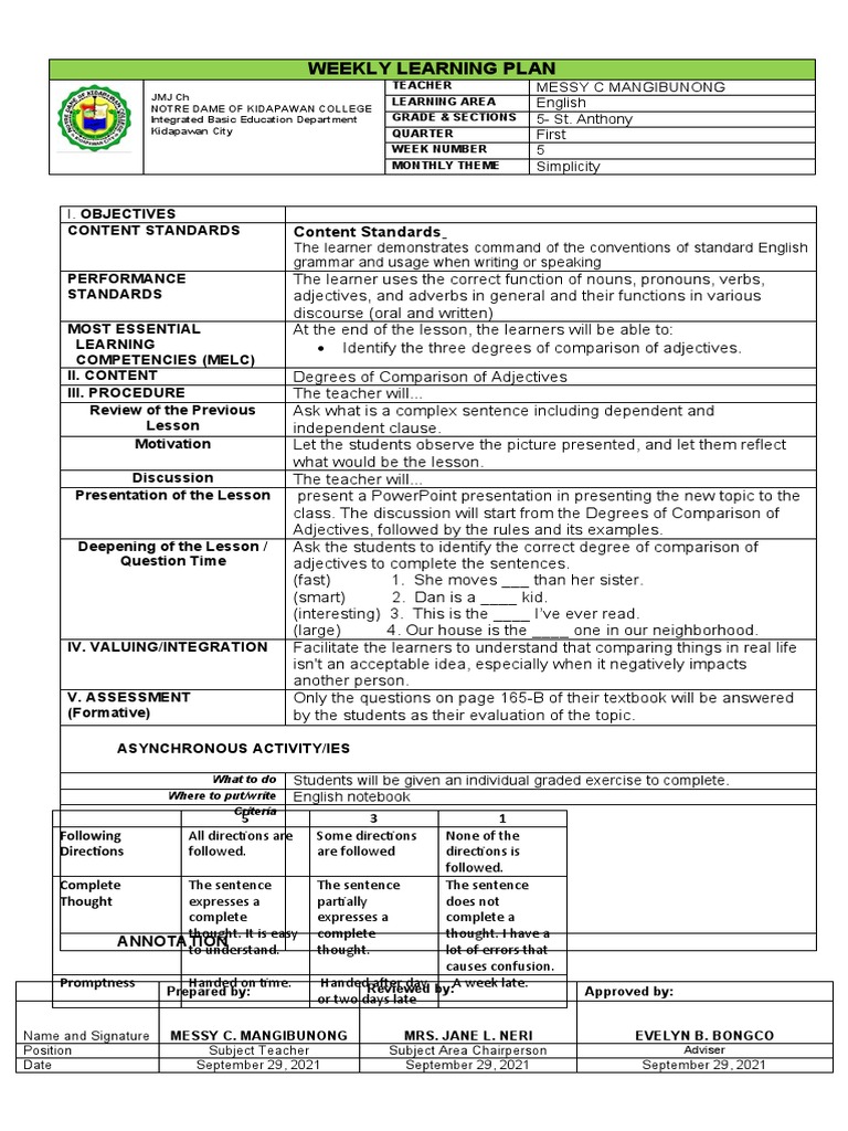 Grade 5 Weekly English Learning Plan | PDF | Adjective | English Language