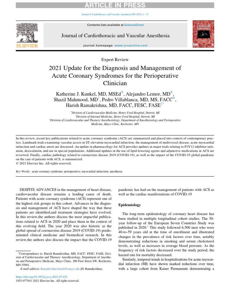 2021 Update For The Diagnosis and Management of Acute Coronary ...